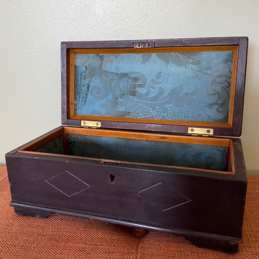 Antique 19thC Folk Art Wooden Box Carved Diamond Damask Silk Lined Jewelry Chest